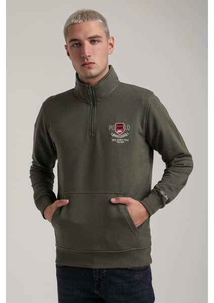 Dik Yaka Haki Slim Fit Sweatshirt 24FWM60198 fırsatları