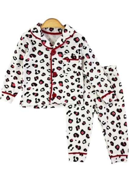 Dlşp Kırmızı Leopar Desenli %100 Pamuk Kız Çocuk Pijama Takımı 053-L