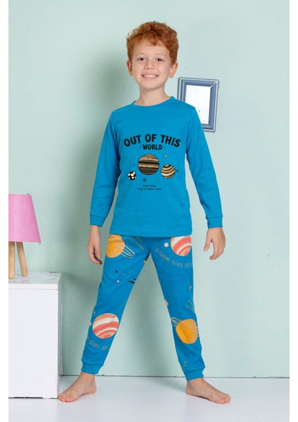 Elmp Mavi Gezegen Desenli %100 Pamuk Erkek Çocuk Pijama Takımı 1-13 Yaş 3064
