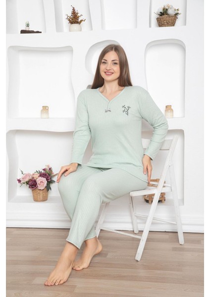 Mlale Yeşil Kalın Raporlu Interlok Bayan Pijama Takımı 1294-Y