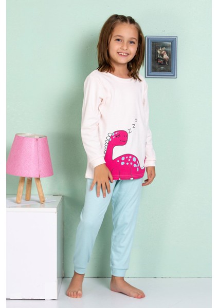 Elmp Ekru Dinazor Desenli %100 Pamuk Kız Çocuk Pijama Takımı 1-13 Yaş 4066