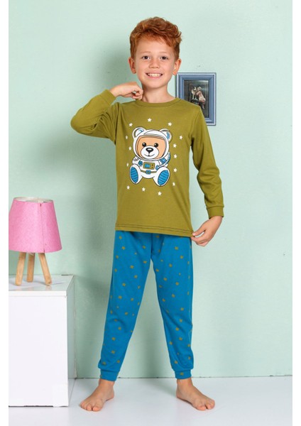 Elmp Yeşil Astronot Ayıcık Desenli %100 Pamuk Erkek Çocuk Pijama Takımı 1-13 Yaş 3061