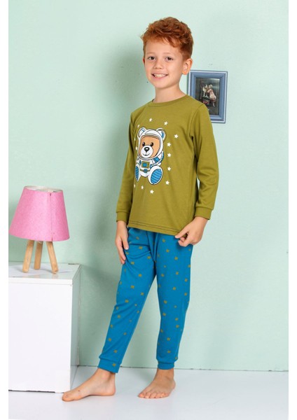 Elmp Yeşil Astronot Ayıcık Desenli %100 Pamuk Erkek Çocuk Pijama Takımı 1-13 Yaş 3061
