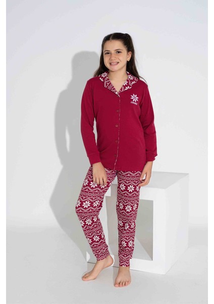 Tarp Bordo Kar Taneli Interlok Önden Düğmeli Kız Çocuk Pijama Takımı 5-15 Yaş 2761-B