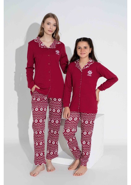 Tarp Bordo Kar Taneli Interlok Önden Düğmeli Kız Çocuk Pijama Takımı 5-15 Yaş 2761-B