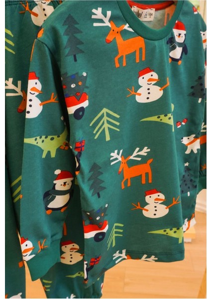 Isob Yeşil Yeni Yıl Desenli %100 Pamuk Kız ve Erkek Çocuk Pijama Takımı 8-13 Yaş 32228-Y indirimleri