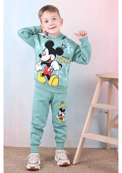 Pjk3i Mickey Mause Desenli Yeşil 3 Ip Şardonlu Kapşonlu %100 Pamuk Erkek Çocuk Eşofman Takımı 3-10 Yaş 7395-Y