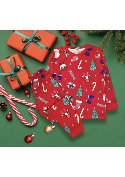 Elmp Yılbaşı Desenli %100 Pamuk Unisex Kız ve Erkek Çocuk Pijama Takımı 1-13 Yaş 4000