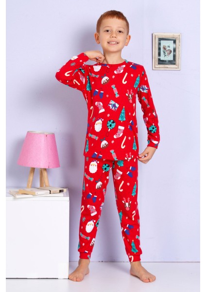 Elmp Yılbaşı Desenli %100 Pamuk Unisex Kız ve Erkek Çocuk Pijama Takımı 1-13 Yaş 4000