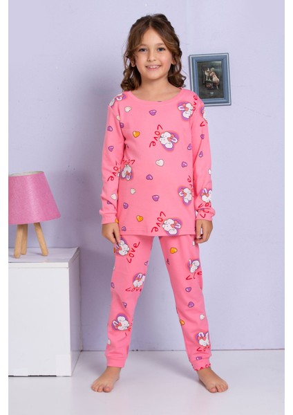 Elmp Pembe Kalpli Tavşancık Desenli %100 Pamuk Kız Çocuk Pijama Takımı 1-13 Yaş 4058