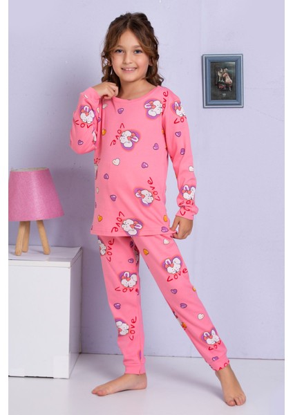 Elmp Pembe Kalpli Tavşancık Desenli %100 Pamuk Kız Çocuk Pijama Takımı 1-13 Yaş 4058