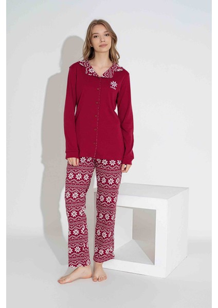 Tarp Bordo Kar Taneli Interlok Önden Düğmeli Anne Pijama Takımı 6410-B