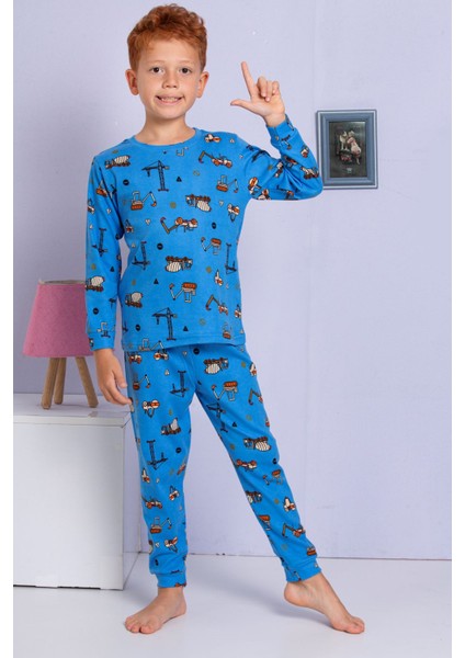 Elmp Mavi Iş Makinesi Desenli %100 Pamuk Erkek Çocuk Pijama Takımı 1-13 Yaş 3055