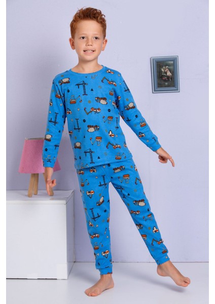 Elmp Mavi Iş Makinesi Desenli %100 Pamuk Erkek Çocuk Pijama Takımı 1-13 Yaş 3055