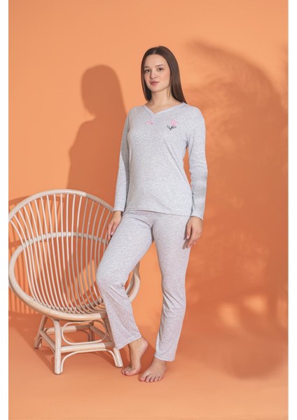 Mlale Bej Ince Fitilli Raporlu Interlok Bayan Pijama Takımı 3240