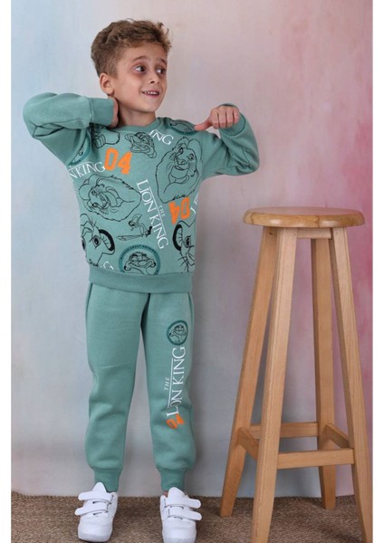 Pjk3i Lion King Desenli Yeşil 3 Ip Şardonlu %100 Pamuk Erkek Çocuk Eşofman Takımı 3-10 Yaş 7345-Y