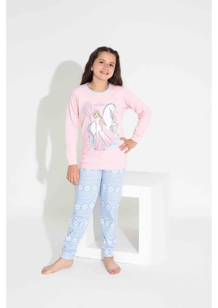 Tarp Pembe Mavili Frouzenli Interlok Kız Çocuk Pijama Takımı 3-11 Yaş 2729-2730-PM