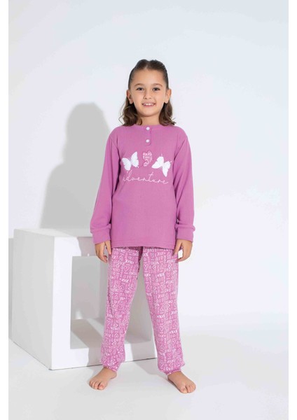 Tarp 2 Düğmeli Pembe Kelebek Nakışlı Termal Kız Çocuk Pijama Takımı 5-15 Yaş 2807-2808-P