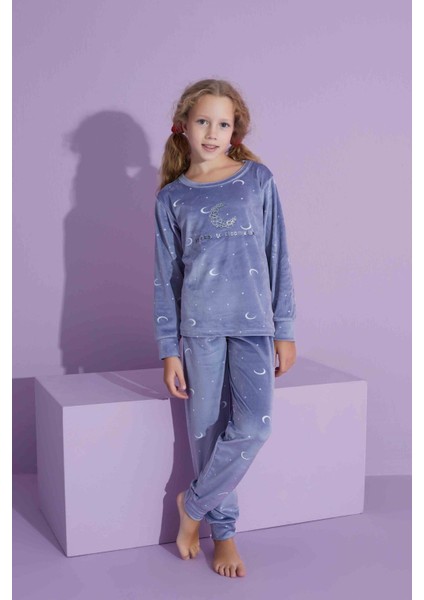 Tarp Mavi Kadife Kız Çocuk Pijama Takımı 10-15 Yaş 2778-M