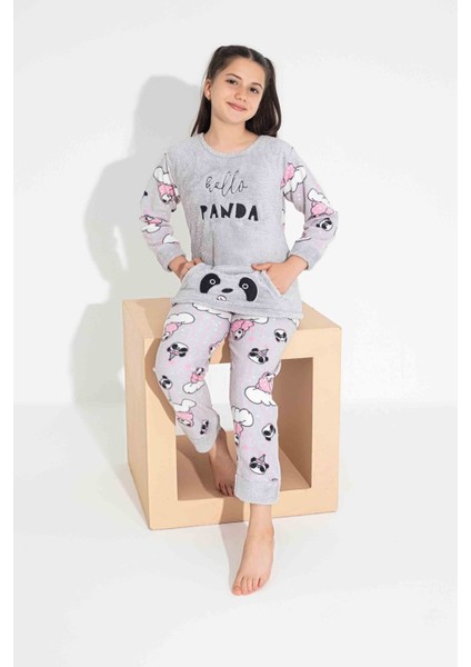 Tarp Gri Panda Nakışlı Polar Kız Çocuk Pijama Takımı 4-15 Yaş 2706-2707-2708-G