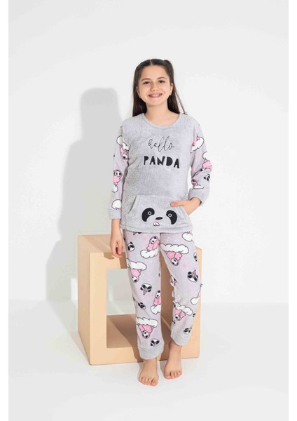 Tarp Gri Panda Nakışlı Polar Kız Çocuk Pijama Takımı 4-15 Yaş 2706-2707-2708-G