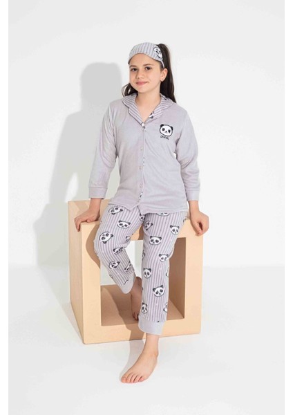 Tarp Gri Ayıcıklı Önden Düğmeli Polar Kız Çocuk Pijama Takımı 7-11 Yaş 2704-G