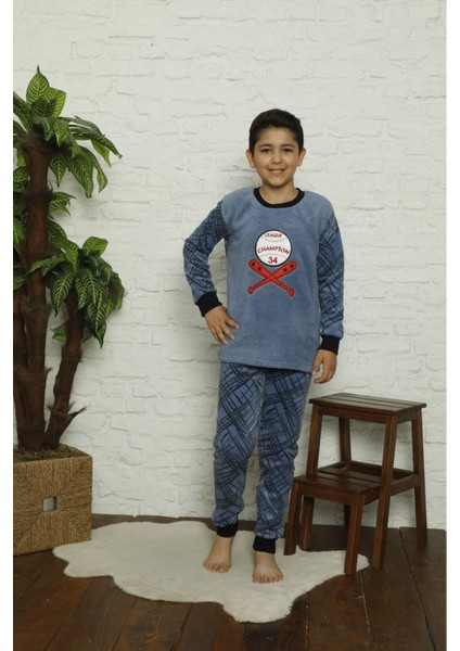 Minim Mavi Champion Nakışlı Polar Erkek Çocuk Pijama Takımı 5-16 Yaş 5005-M