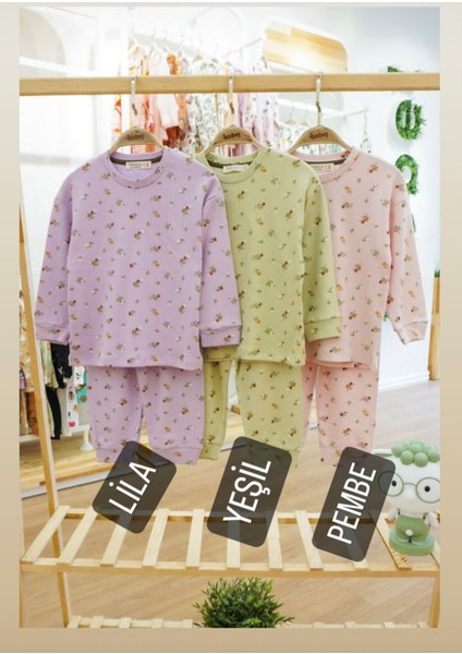 Isob Lila Çıtır Çiçek Desenli Fitilli Kumaş %100 Pamuk Kız Çocuk Pijama Takımı 3-8 Yaş 31222-L