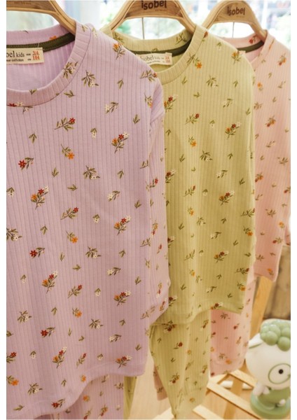 Isob Lila Çıtır Çiçek Desenli Fitilli Kumaş %100 Pamuk Kız Çocuk Pijama Takımı 3-8 Yaş 31222-L