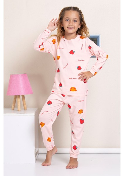 Elmp Pembe Çilek Desenli %100 Pamuk Kız Çocuk Pijama Takımı 1-13 Yaş 4056