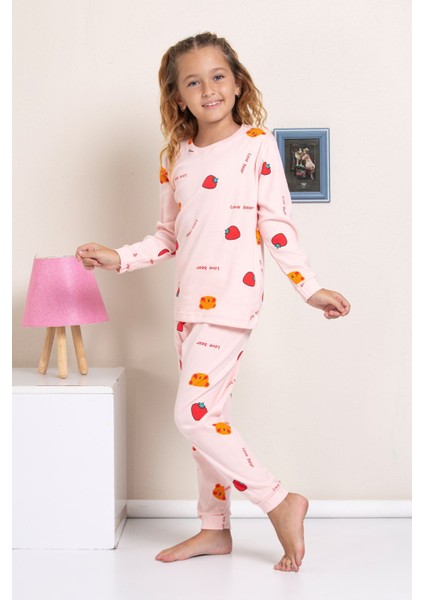 Elmp Pembe Çilek Desenli %100 Pamuk Kız Çocuk Pijama Takımı 1-13 Yaş 4056