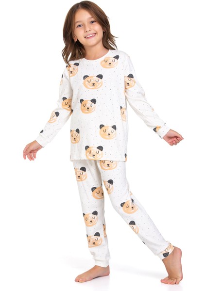 Elmp Ekru Ayıcık Desenli %100 Pamuk Kız Çocuk Pijama Takımı 1-13 Yaş 4055