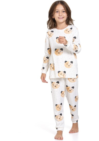 Elmp Ekru Ayıcık Desenli %100 Pamuk Kız Çocuk Pijama Takımı 1-13 Yaş 4055