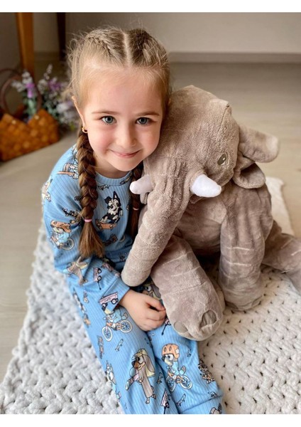 Isob Mavi Bluey Desenli Fitilli Kumaş %100 Pamuk Kız Çocuk Pijama Takımı 3-8 Yaş 31221-M