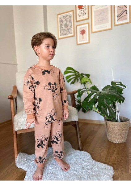 Kçkp Mickey Mause Desenli Kahverengi %100 Pamuk Erkek Çocuk Pijama Takımı 3-10 Yaş 3112-K