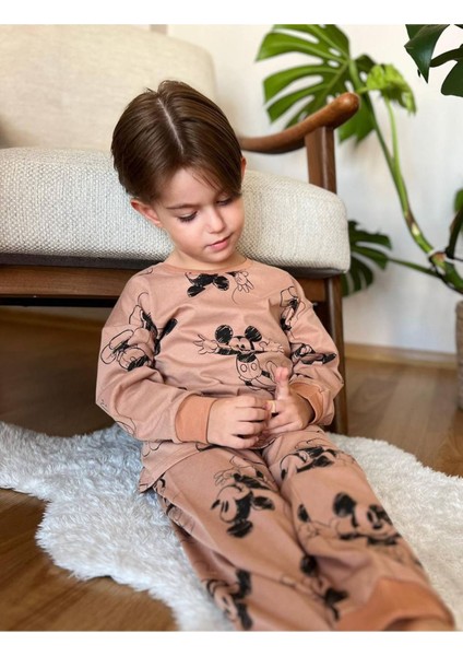 Kçkp Mickey Mause Desenli Kahverengi %100 Pamuk Erkek Çocuk Pijama Takımı 3-10 Yaş 3112-K