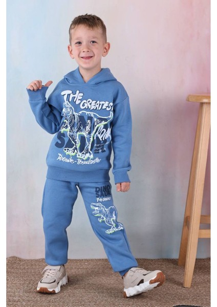 Pjk3i Dinozor Desenli Mavi 3 Ip Şardonlu Kapşonlu %100 Pamuk Erkek Çocuk Eşofman Takımı 3-10 Yaş 7338-M