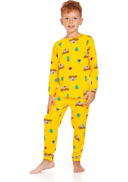 Elmp Sarı Arabalı Fil Desenli %100 Pamuk Erkek Çocuk Pijama Takımı 1-13 Yaş 3053