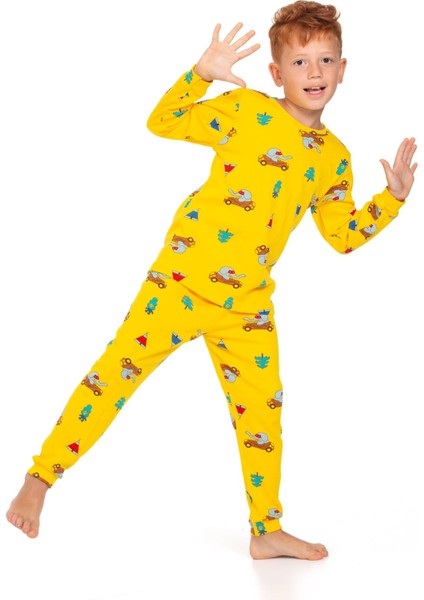 Elmp Sarı Arabalı Fil Desenli %100 Pamuk Erkek Çocuk Pijama Takımı 1-13 Yaş 3053