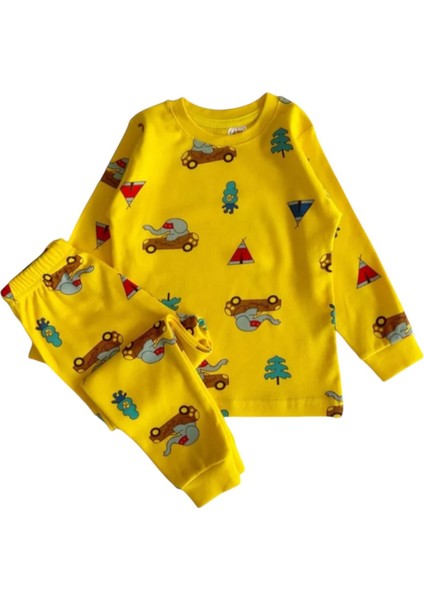 Elmp Sarı Arabalı Fil Desenli %100 Pamuk Erkek Çocuk Pijama Takımı 1-13 Yaş 3053