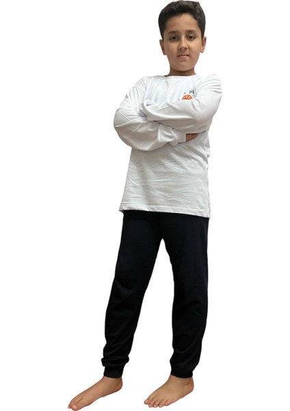 Isob Beyaz Lacivert Basketbol Desenli %100 Pamuk Erkek Çocuk Pijama Takımı 8-13 Yaş 36202-BS