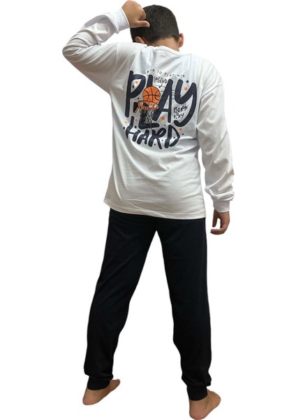 Isob Beyaz Lacivert Basketbol Desenli %100 Pamuk Erkek Çocuk Pijama Takımı 8-13 Yaş 36202-BS fiyatları