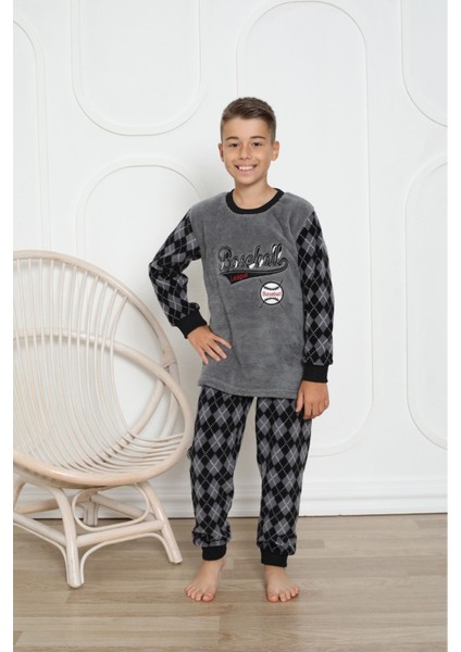 Minim Füme Basebol Nakışlı Polar Erkek Çocuk Pijama Takımı 5-16 Yaş 0305-2203-F