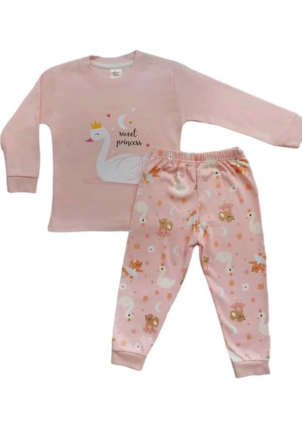 *elmp Pudra Rengi Kuğu Desen %100 Pamuk Kız Çocuk Pijama Takımı 1-9 Yaş 2211