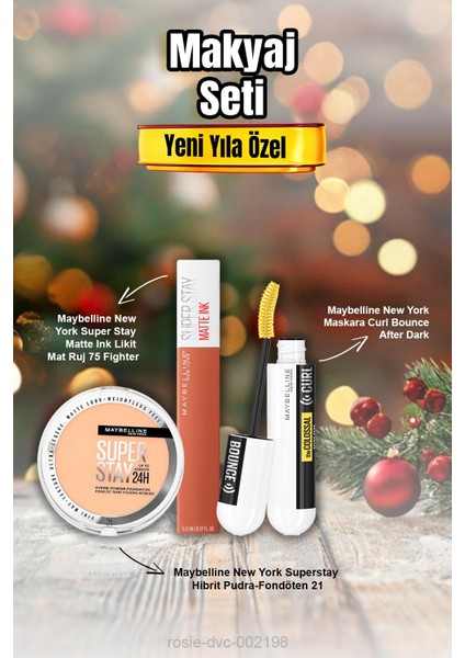 Maybelline Superstay Pudra -Fondöten 21, Maskara Curl Bounce, Super Stay Matte Ink Ruj 75