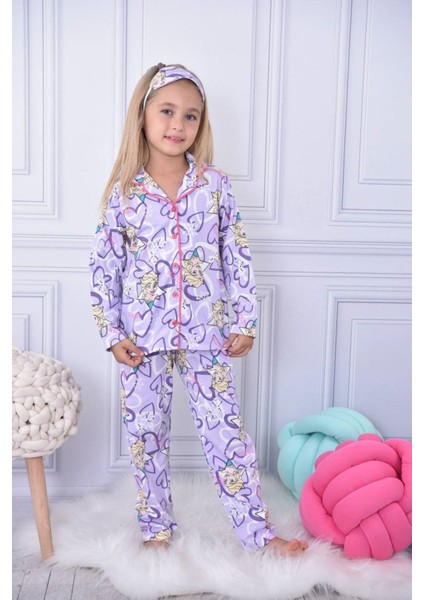 Pjkö Frouzen Elsa Desenli Lila Uzun Kollu Önden Düğmeli Kız Çocuk Pijama Takımı 4-12 Yaş 579U