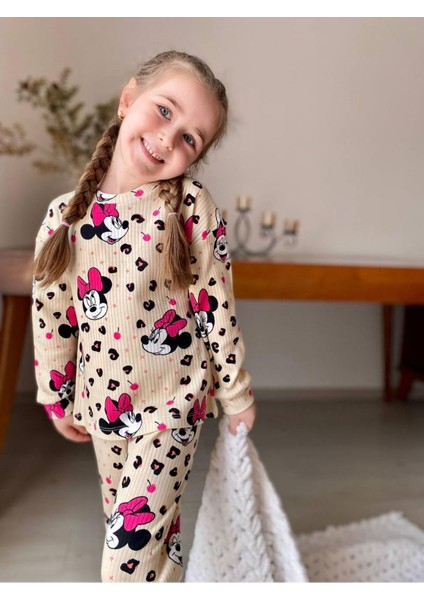 Isob Bej Minnie Mause Desenli Fitilli Kumaş %100 Pamuk Kız Çocuk Pijama Takımı 3-8 Yaş 31219-B