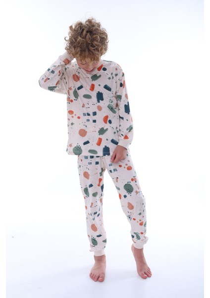 Isob Ekru Nokta Sıçratma Desenli %100 Pamuk Erkek Çocuk Pijama Takımı 8-13 Yaş 36206-E