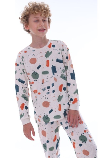 Isob Ekru Nokta Sıçratma Desenli %100 Pamuk Erkek Çocuk Pijama Takımı 8-13 Yaş 36206-E