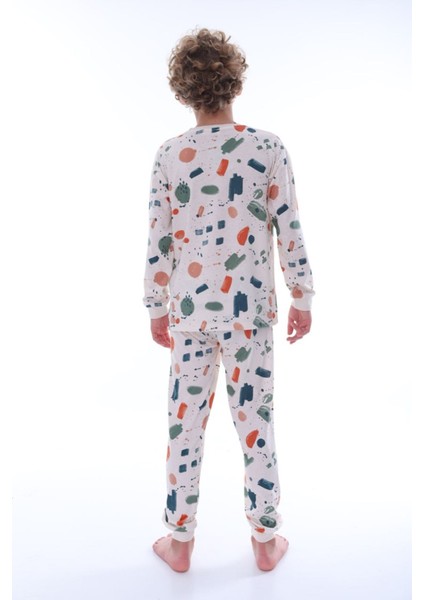 Isob Ekru Nokta Sıçratma Desenli %100 Pamuk Erkek Çocuk Pijama Takımı 8-13 Yaş 36206-E